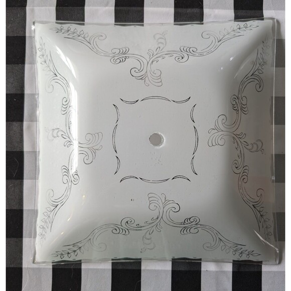 Vtg Mid Century Inspired Scroll Pattern Square Glass Ceiling Light Shade 11.5 - Picture 1 of 4
